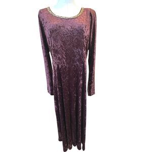 VTG All That Jazz Victorian Burgundy Crushed Velvet & Gold Maxi Dress Large